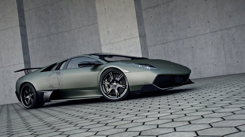 Green Sports Car — Gray, Dramatic, 3d Render, Concrete Wall, Tiled Floor
