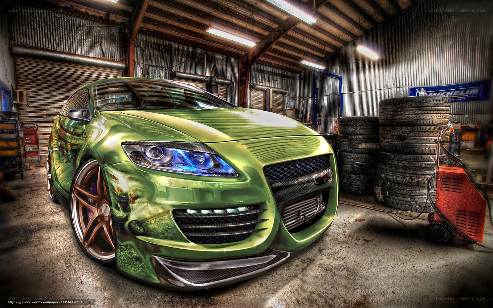 green sports car in garage