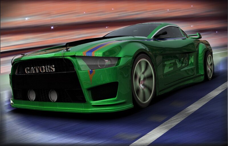 green sports car in motion