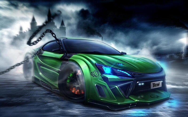 green sports car in storm