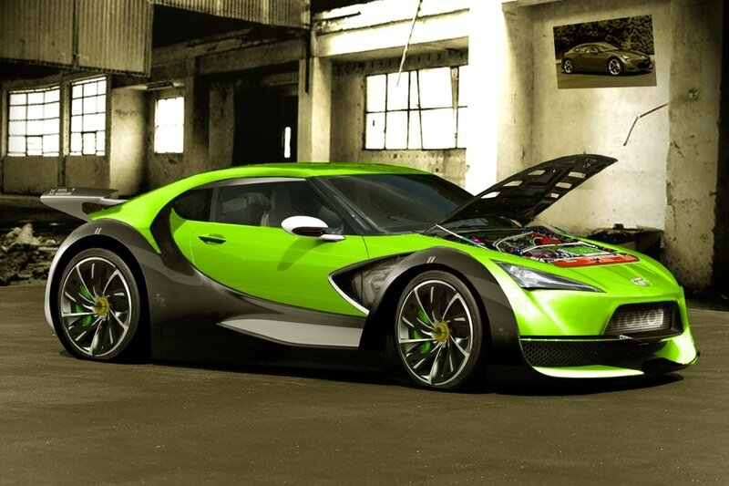 Green sports car in warehouse