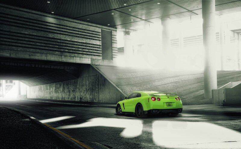Green Sports Car — Lime Green, Dramatic, Photograph, Concrete Structure