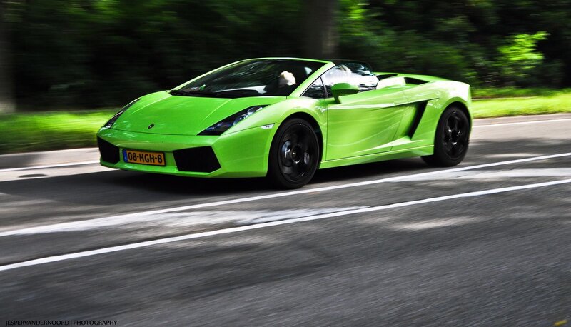 Green Sports Car — Lime Green, Dynamic, Afternoon, Photograph, Road, Trees, Driver