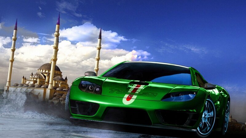 Green sports car near mosque