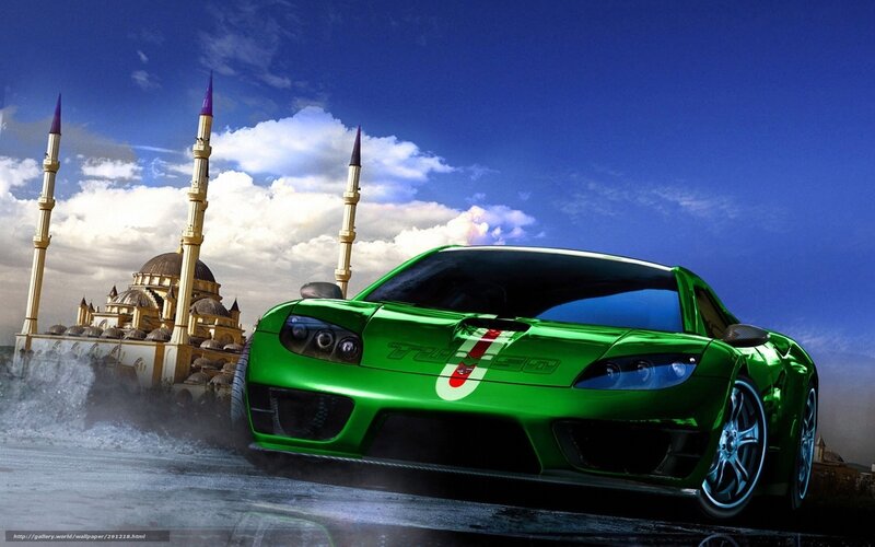 Green sports car near mosque