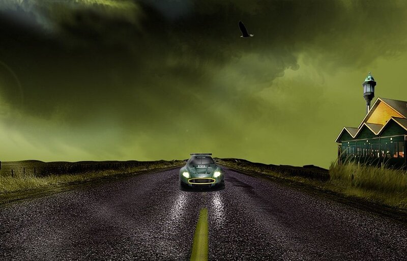 Green Sports Car on Road — Dramatic