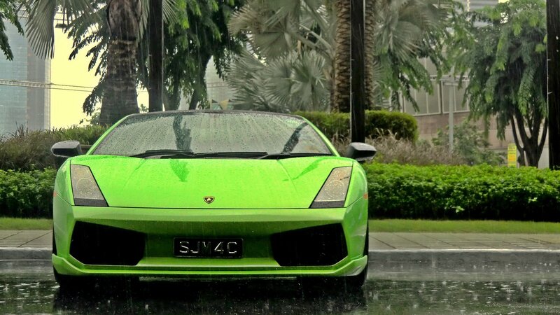 Green Sports Car — Rainy