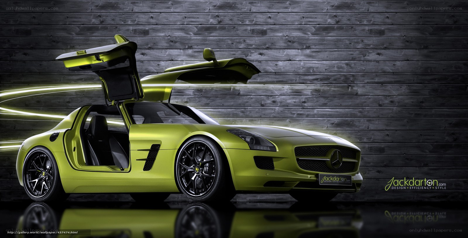 Green sports car with open doors