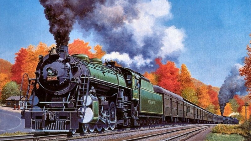 Green Steam Locomotive — Dramatic, Autumn