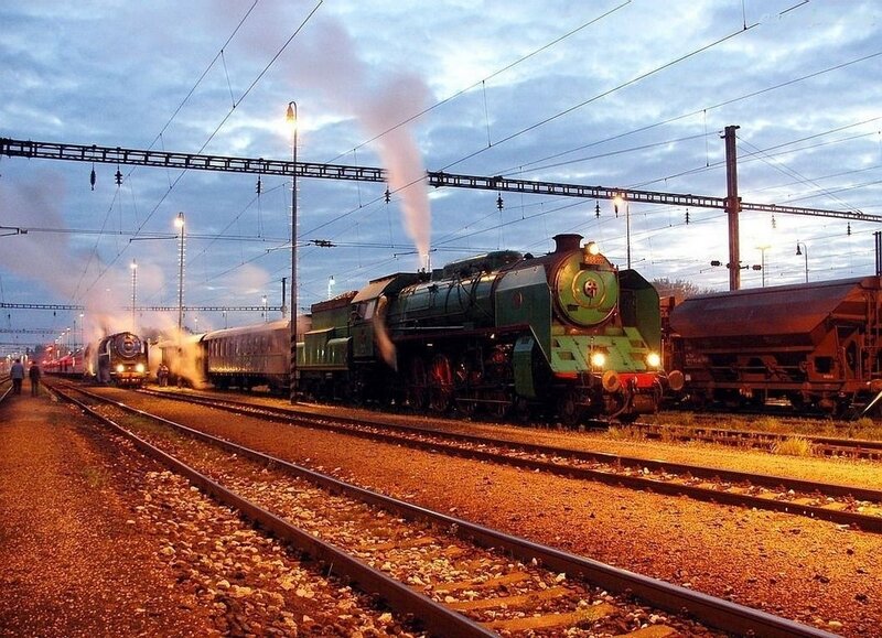Green Steam Locomotive — Dramatic, Sunset