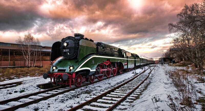 Green Steam Locomotive — Dramatic, Winter
