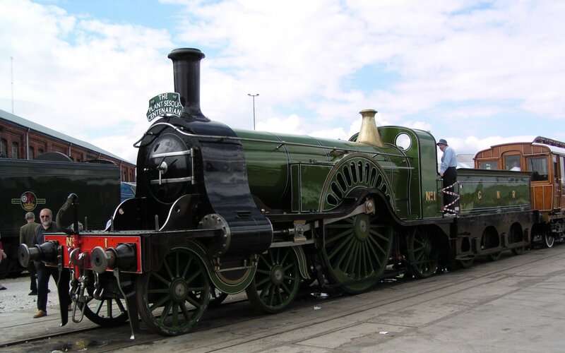 Green steam locomotive on display