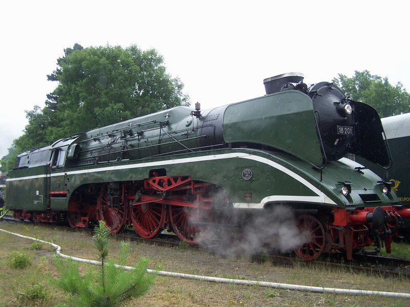 Green steam locomotive on display