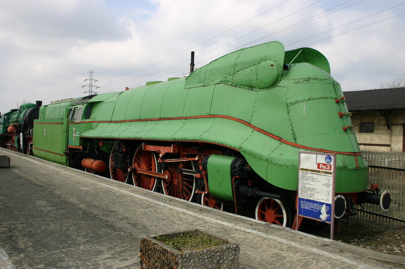 Green steam locomotive on display