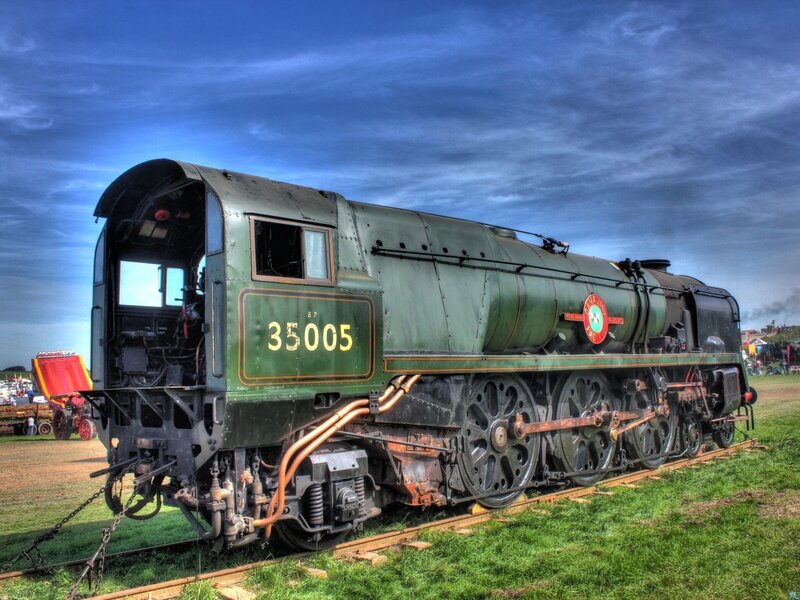 Green steam locomotive on display