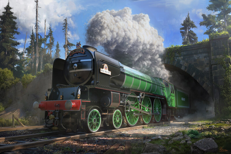 Green Steam Train — Dramatic, Afternoon, Digital Art