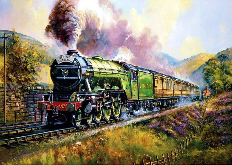 Green Steam Train — Dramatic, Afternoon, Painting, Smoke