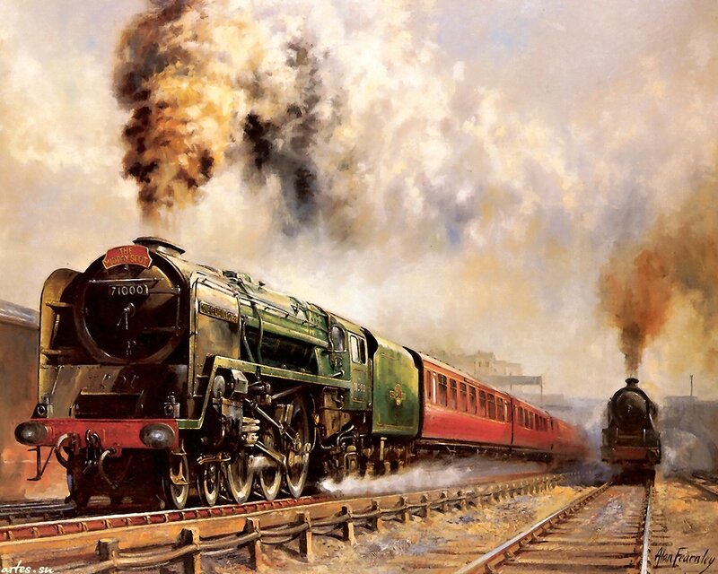 Green Steam Train — Dramatic, Afternoon, Painting, Smoke, Train Tracks