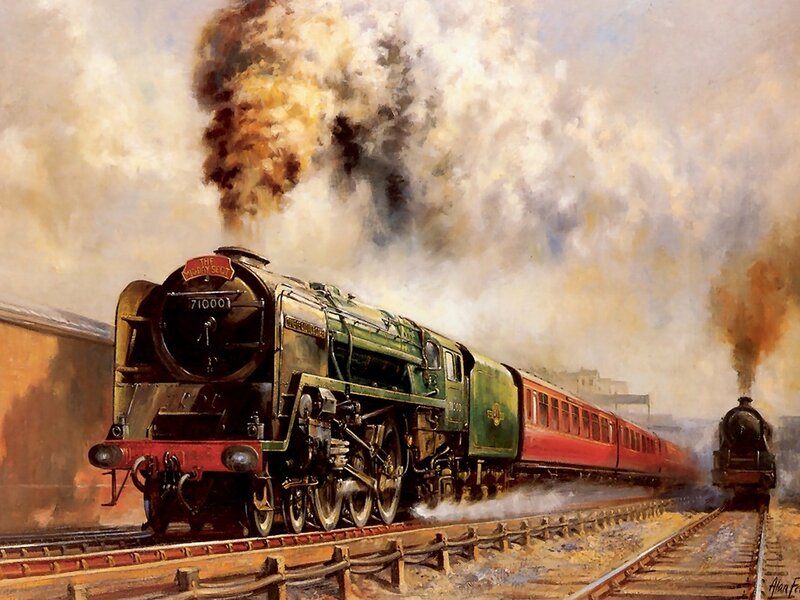 Green Steam Train — Dramatic, Painting