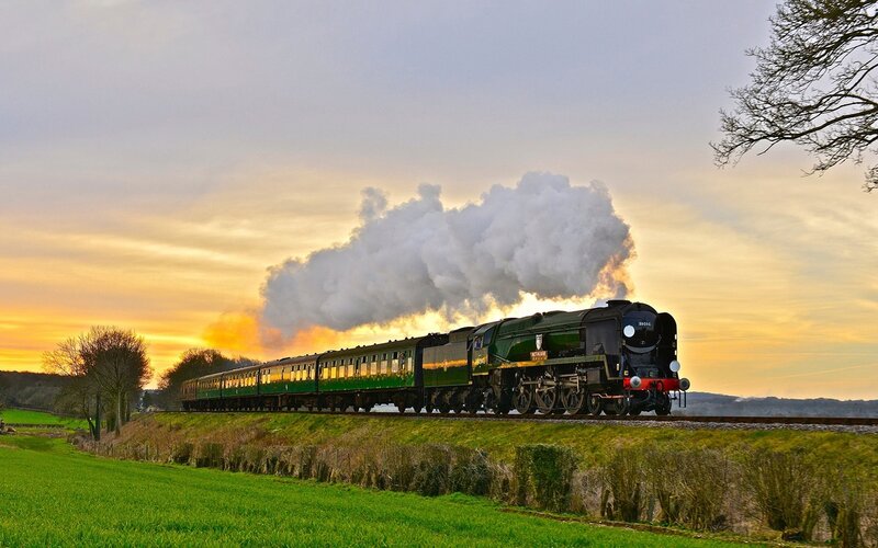 Green Steam Train — Dramatic, Sunset