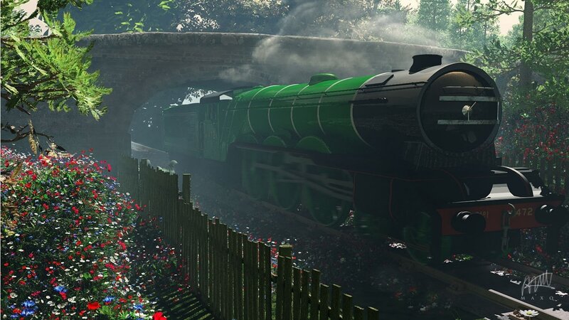 green steam train passing under bridge