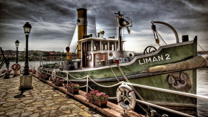 Green Steamboat at Dock — Dramatic