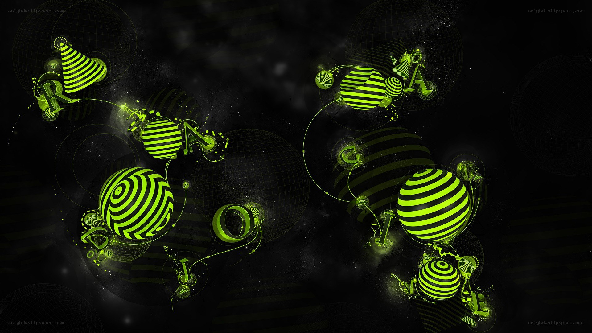 green striped spheres in space