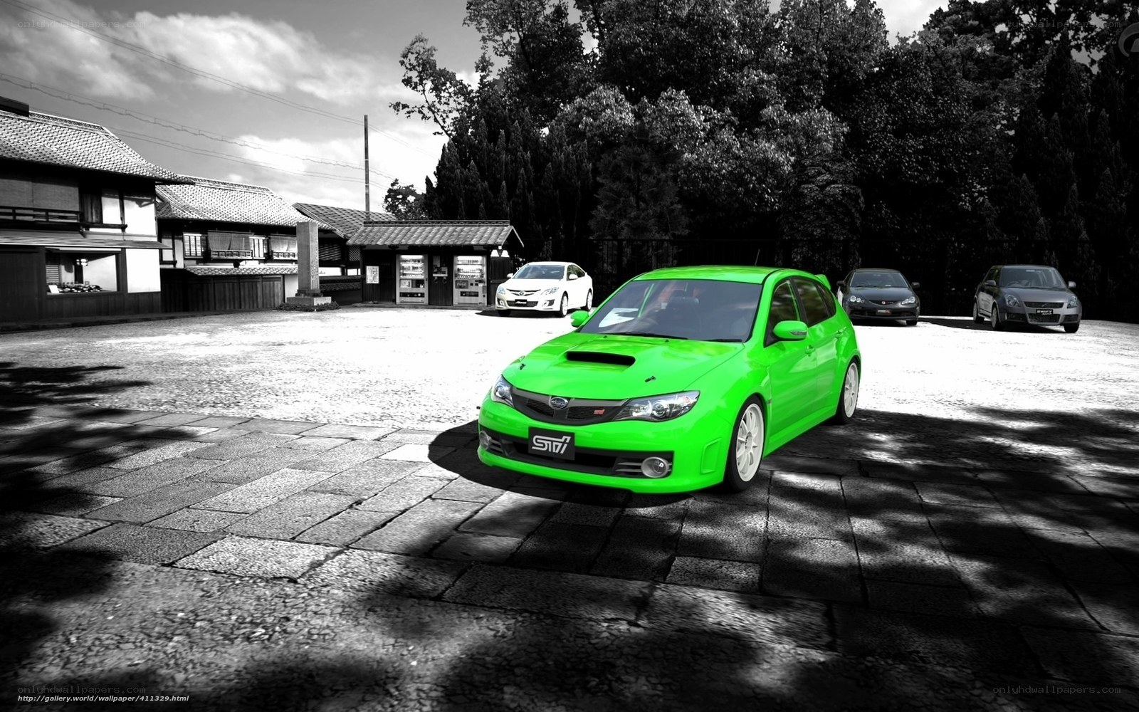 Green Subaru STI in Japanese setting