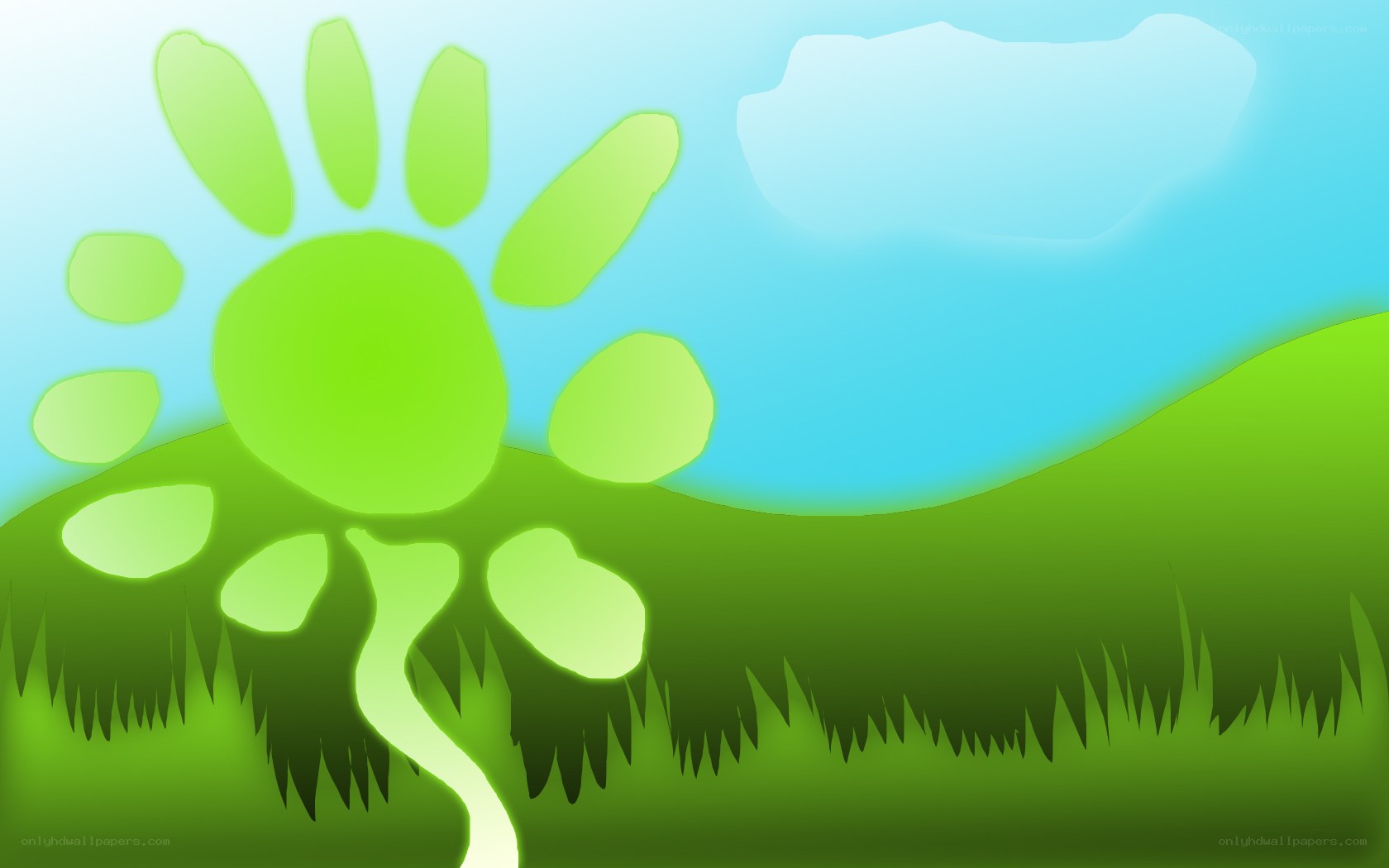 green sun over grassy hills