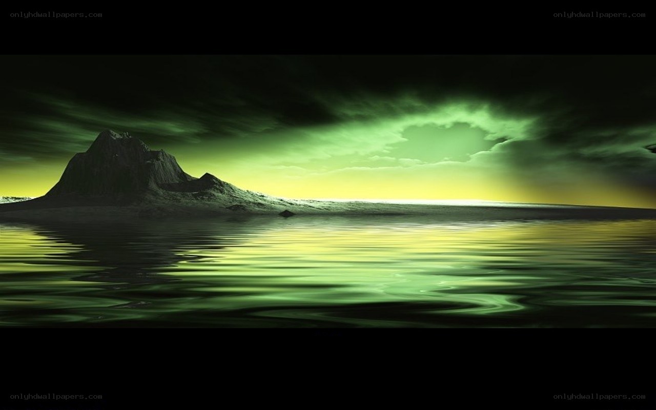 green sunset over mountain lake