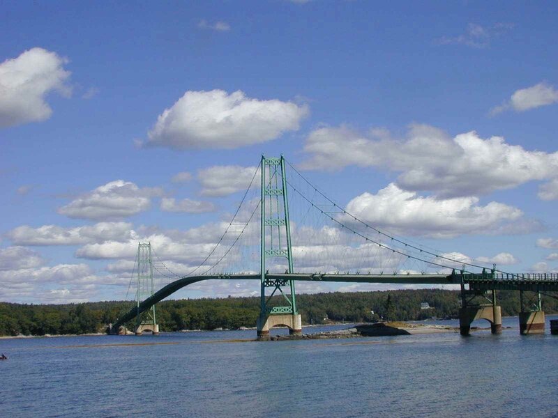 Green suspension bridge over water