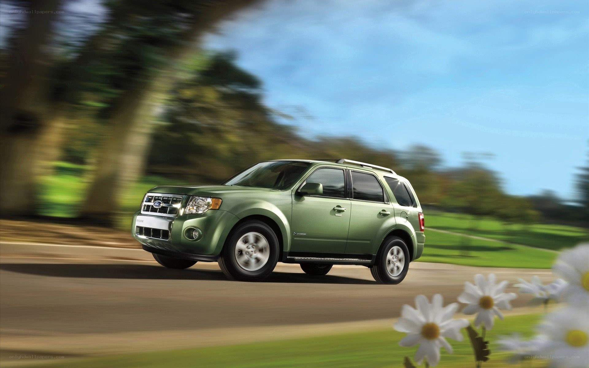 Green SUV driving on a road
