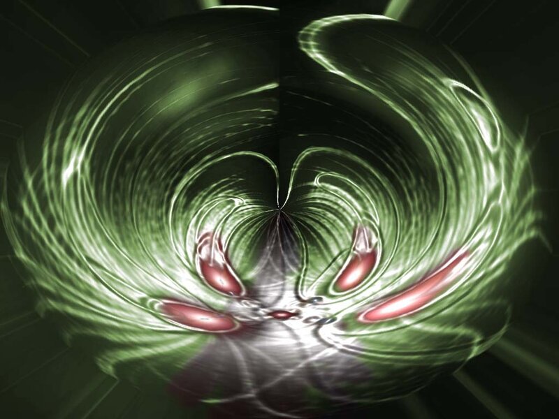 green swirling vortex with red accents