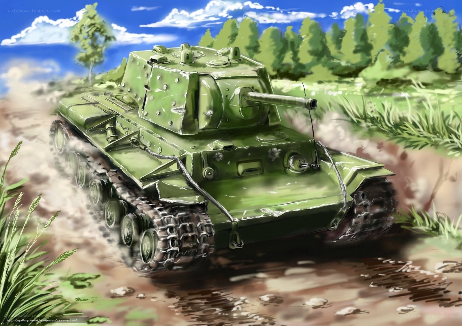 Green tank in muddy field