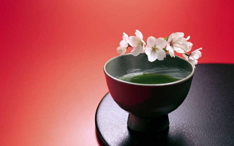 Green Tea in Bowl — Red, Serene, Spring