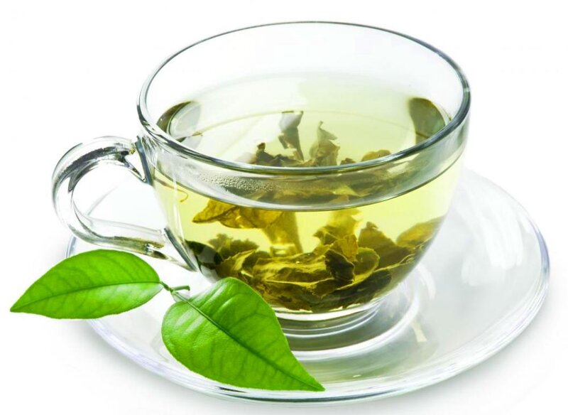 Green Tea in Glass Cup — Calm, Photograph, Tea Leaves
