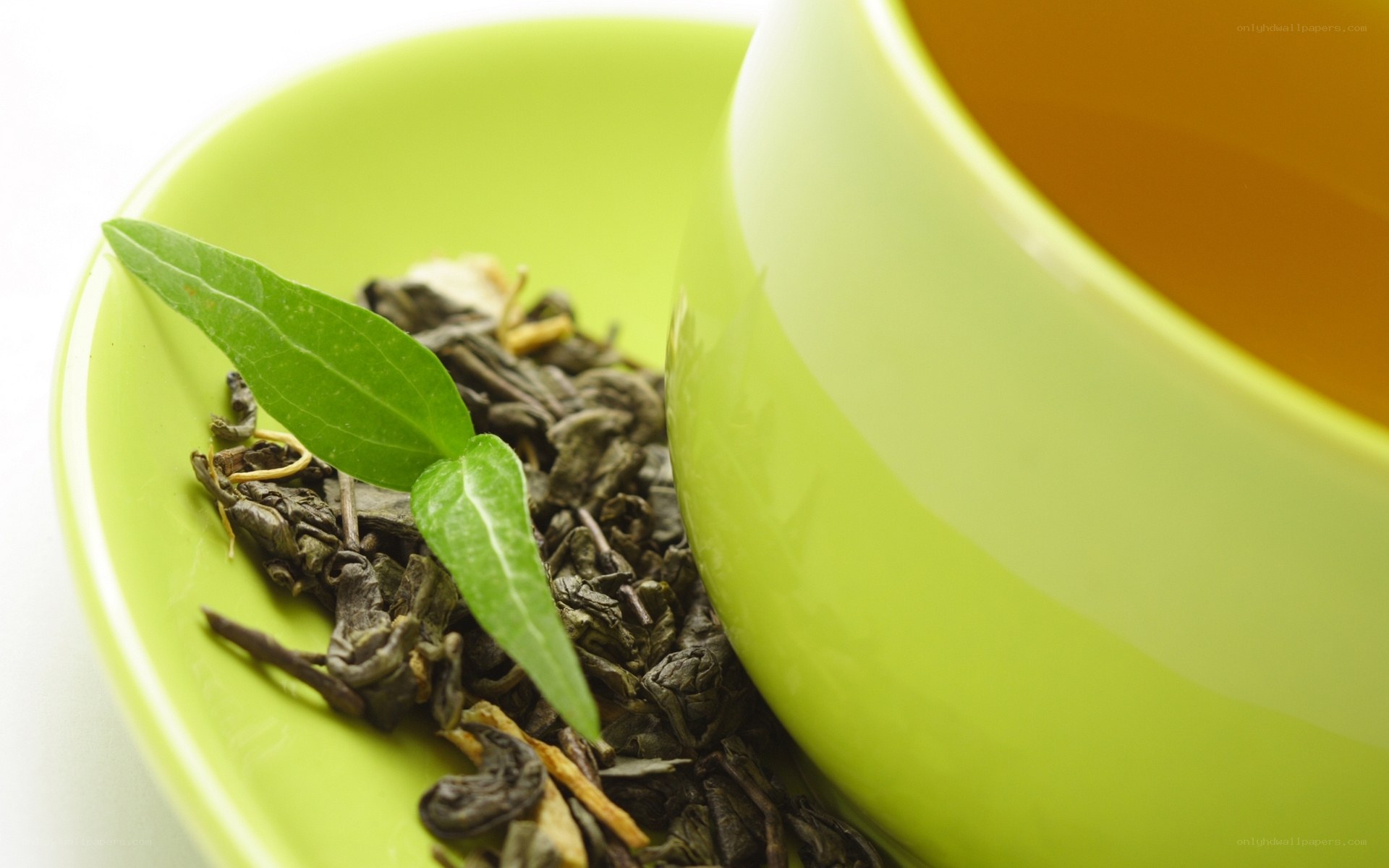 Green tea leaves and cup