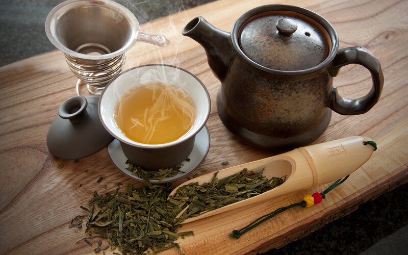 Green Tea Set on Wood