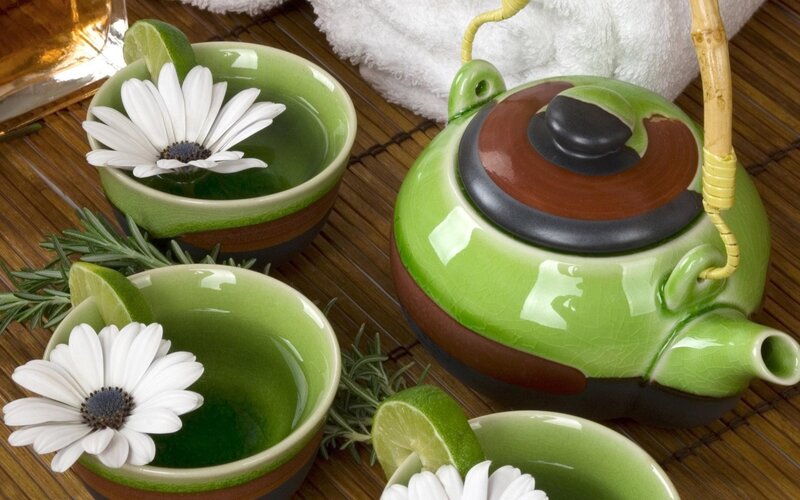 Green Tea Set with Flowers — Serene, Photograph, Lime Slices