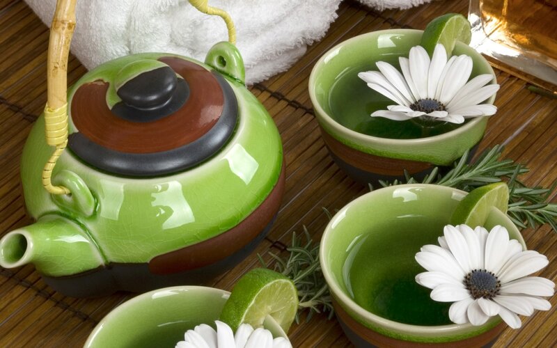 Green Tea Set with Flowers — Serene, Photograph