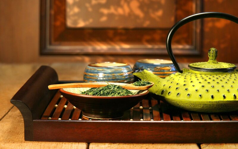 Green Teapot on Tray