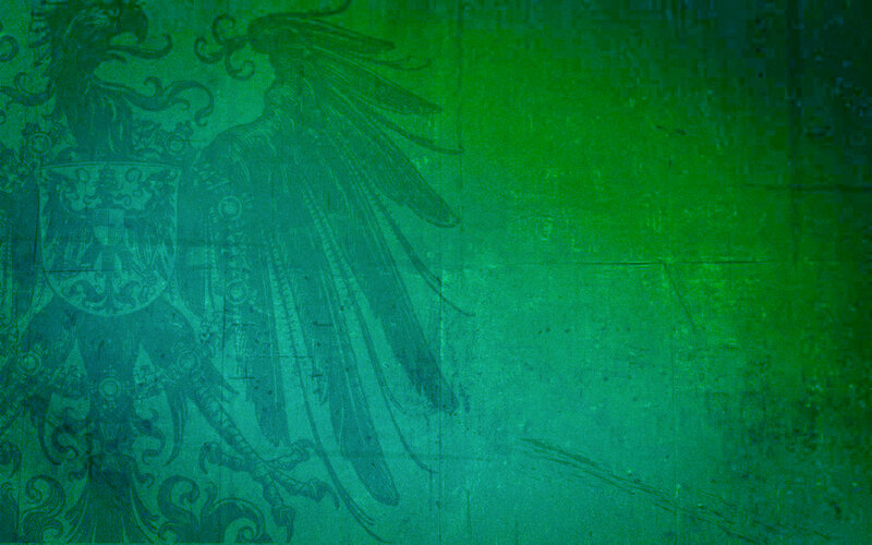 green textured background with emblem