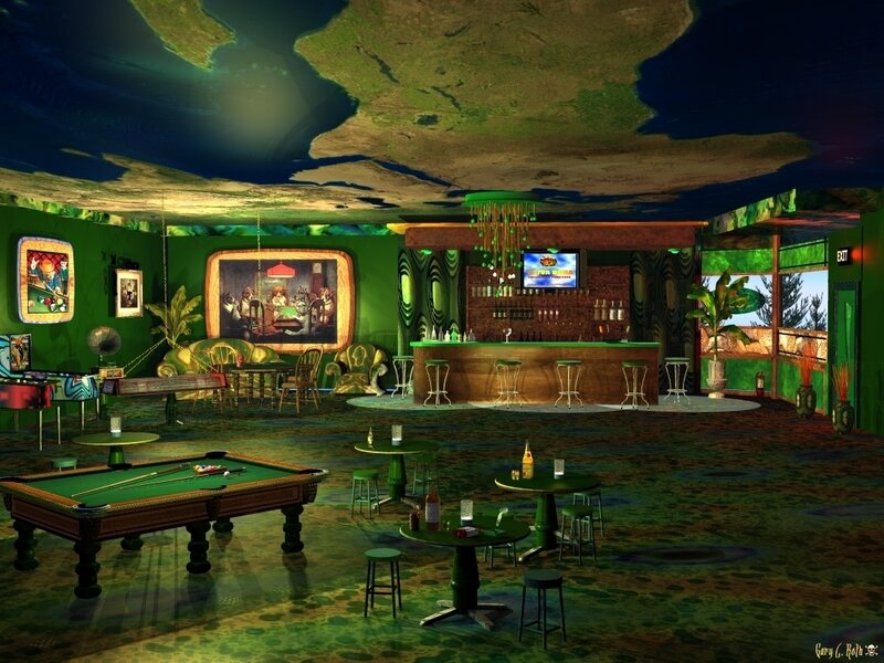 green-themed bar with pool table