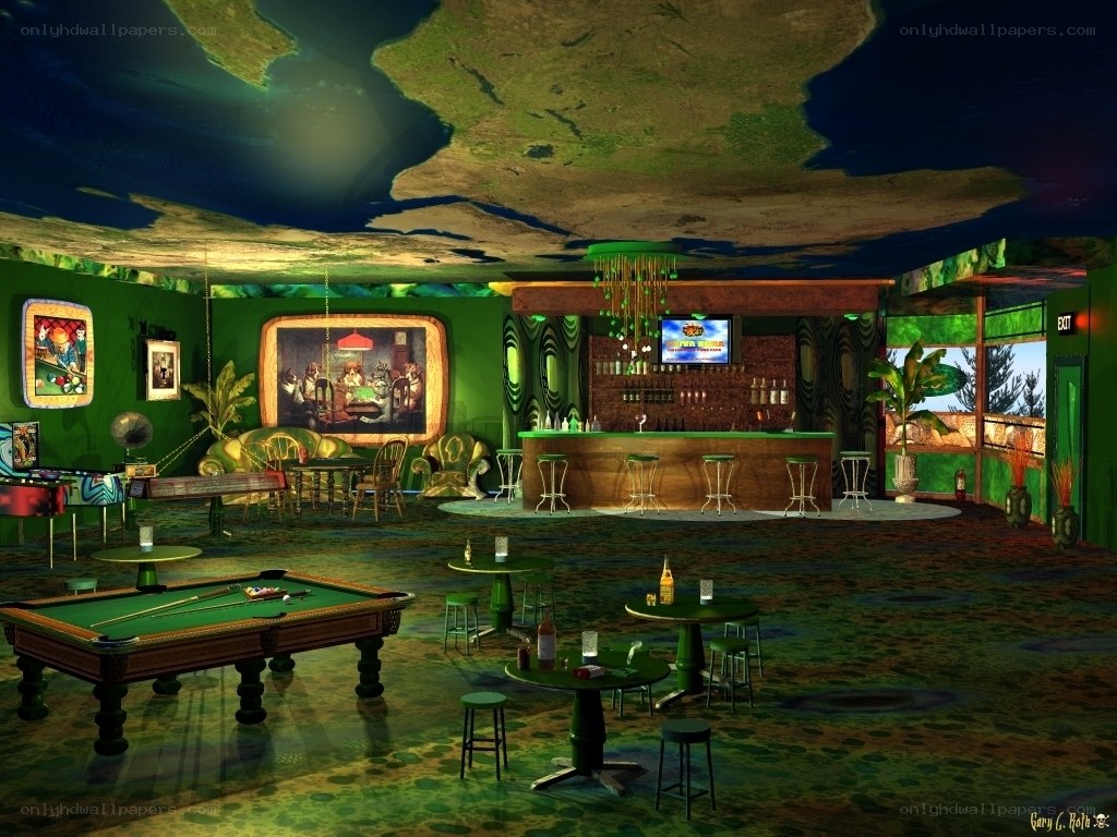 green-themed bar with pool table