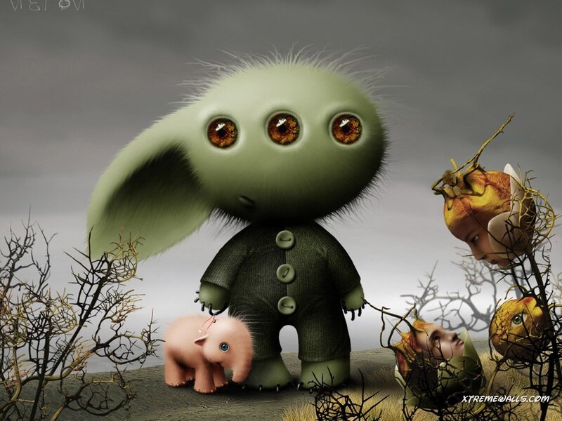 Green Three-eyed Creature — Surreal, 3d Render, Pink Baby Elephant