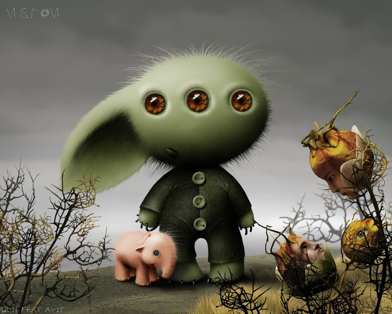 Green Three-eyed Creature — Surreal, 3d Render