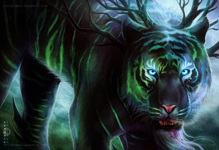 green tiger with glowing eyes
