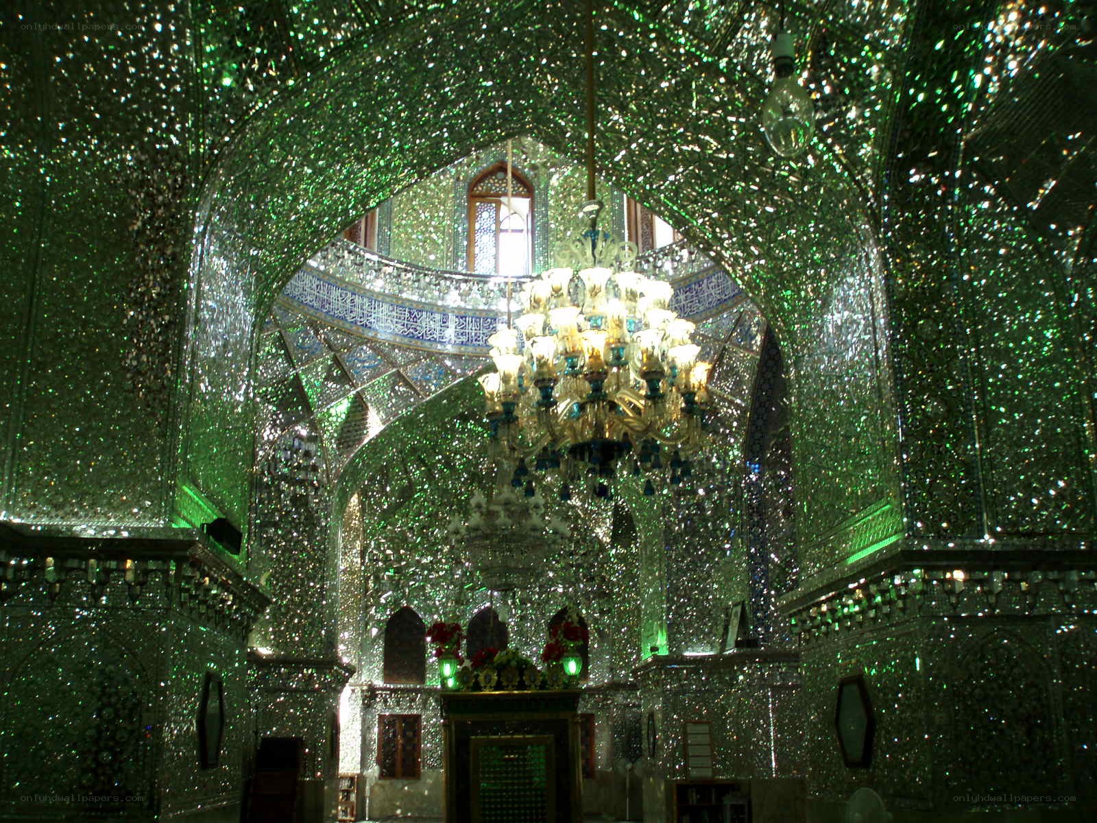 Green-tiled mosque interior