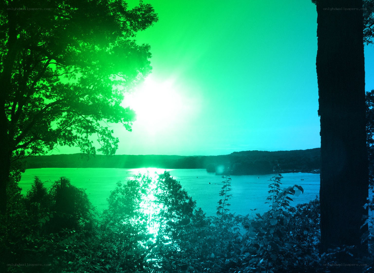 Green-tinted lake sunset