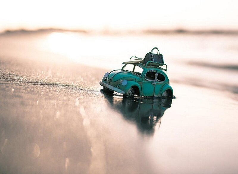 Green Toy Car on Beach